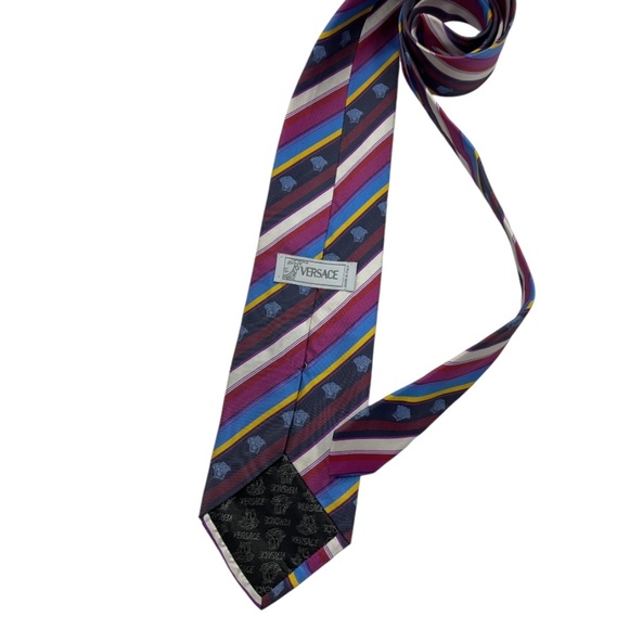 VERSACE Blue/Red Striped Monogrammed Medusa Silk LUXURY Tie ITALY - Picture 2 of 4